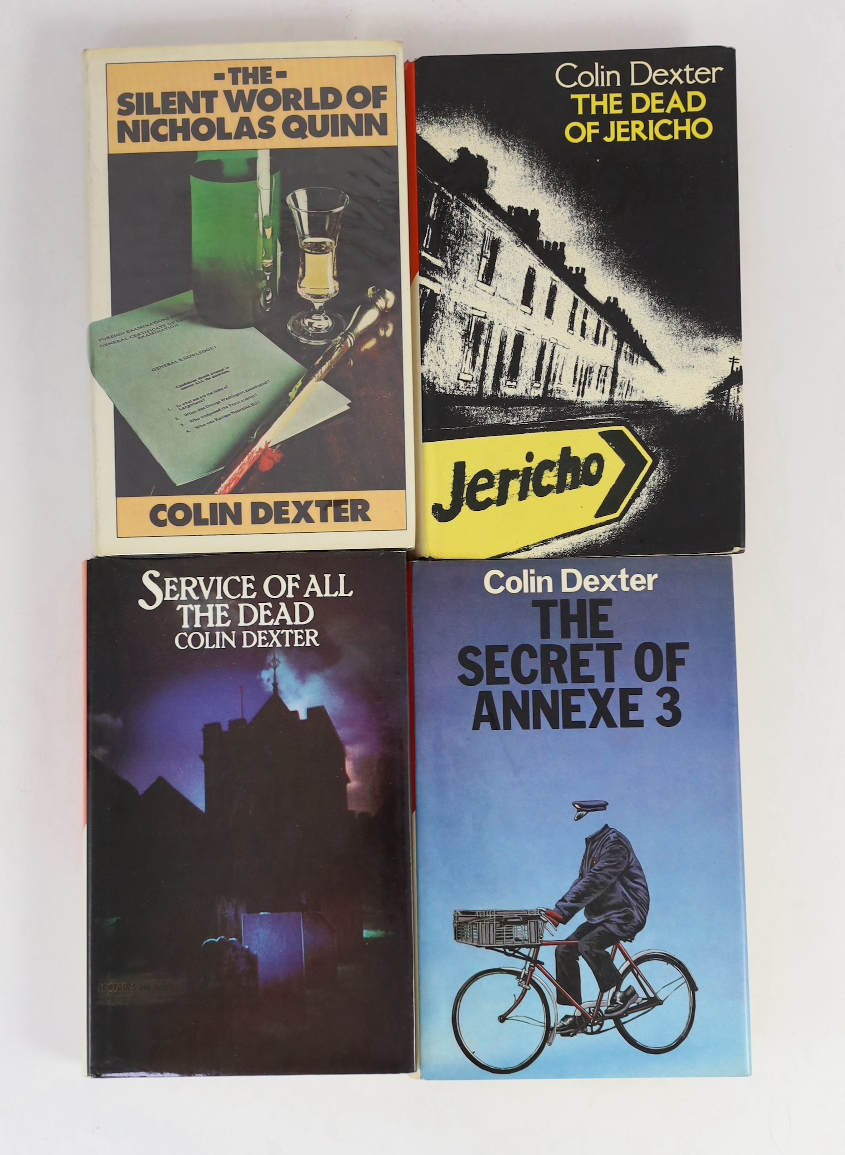 Dexter, Colin - 10 works, all 1st editions, in d/j’s, published by Macmillan, in London - The Silent World of Nicholas Quinn, 1977; Service of the Dead, 1979; The Dead of Jericho, (ex library, with stamps), 1981; The Sec